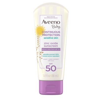 Picture of Aveeno Baby Continuous Protection Zinc Oxide Mineral Sunscreen Lotion for Sensitive Skin, Broad Spectrum SPF 50, Tear-Free, Sweat- & Water-Resistant, Paraben-Free, Travel-Size, 3 fl. oz