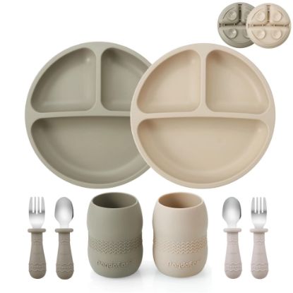 Picture of PandaEar Silicone Baby Feeding Set| 2 Pack Silicone Divided Suction Plate and 2 Pack Tiny Cup with 2 Spoons 2 Forks| Baby Led Weaning Supplies Self Feeding Eating Utensils (Silverware Set)